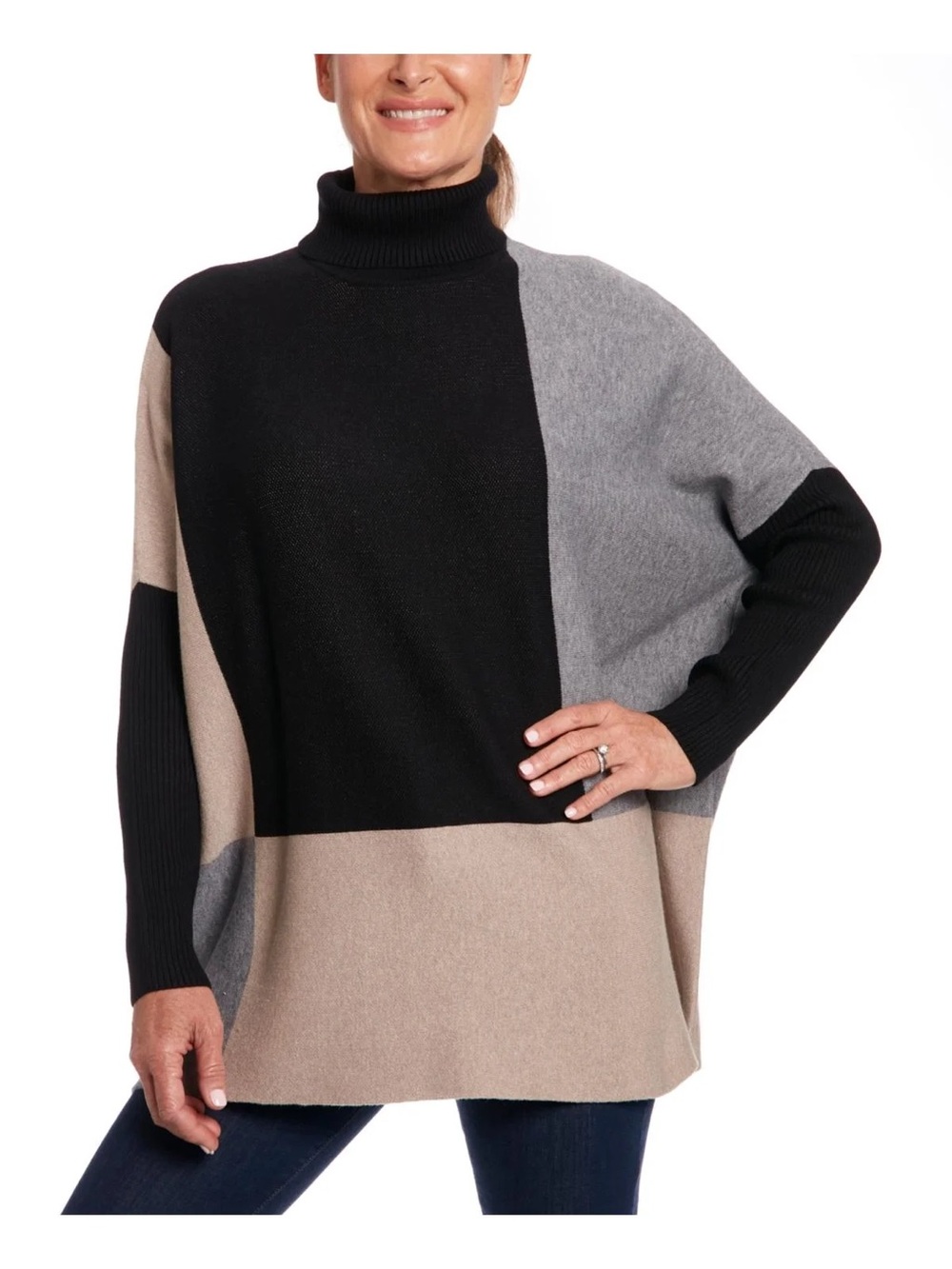 Joseph A Colorblock Turtleneck Poncho - Black, Gray & Beige
